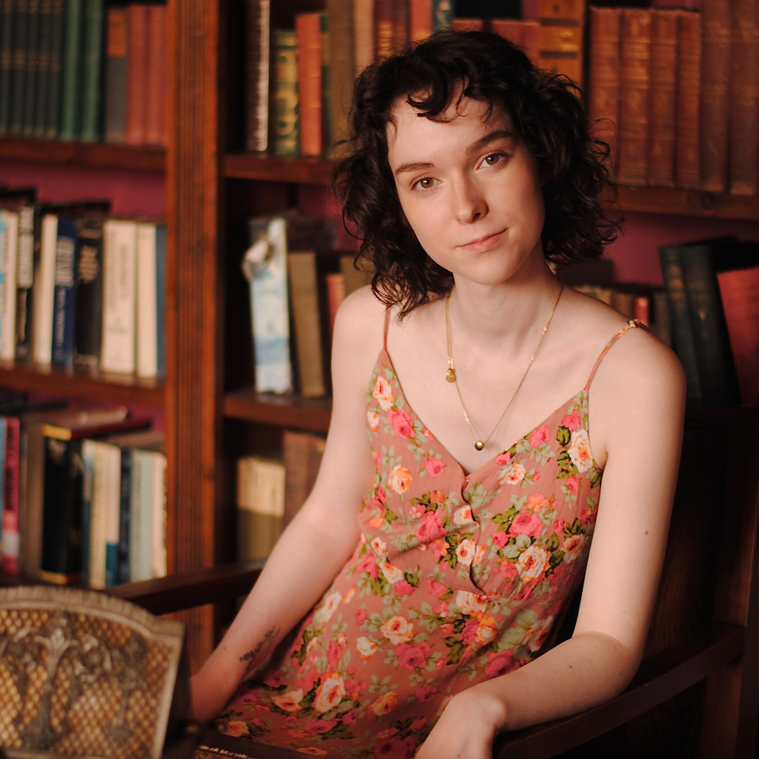 Digital portrait of the author in a cartoonish style. She has wavy brown hair, pale skin, elf ears and hazel eyes. She's wearing a strappy dress with a bat design on the front. The background is pink with a pastel pride flag and some sparkles.